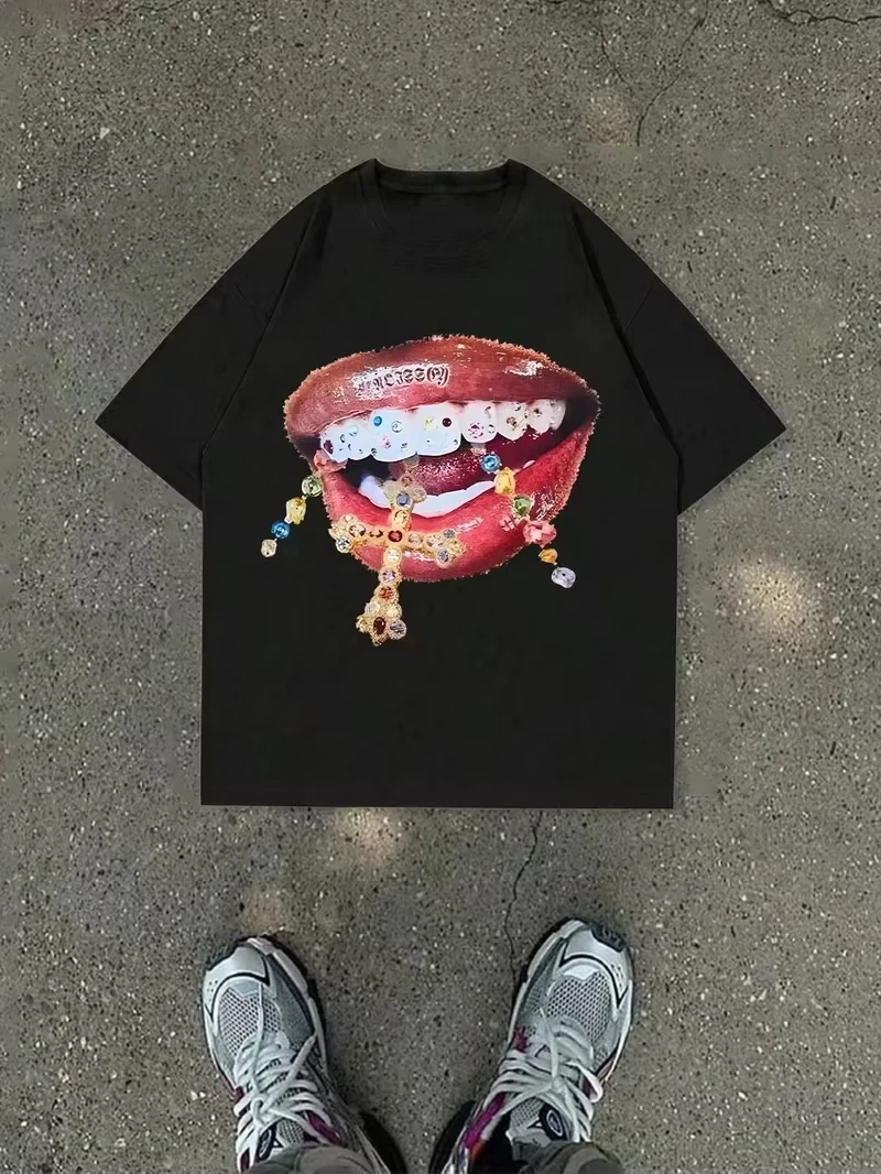2026 Summer Best-selling American Street Hip-Hop Style Red Lip Theme Outdoor Leisure Trendy Fashion Men's Short-Sleeved T-Shirt