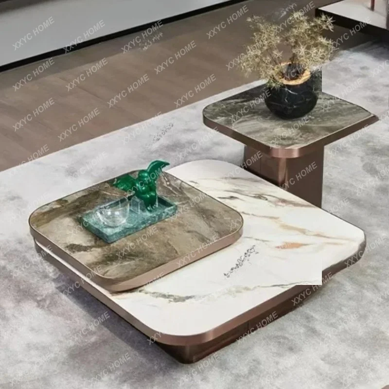 A Light luxury coffee table modern design sense can be rotated square combination tea table size luxury stone slate tea table