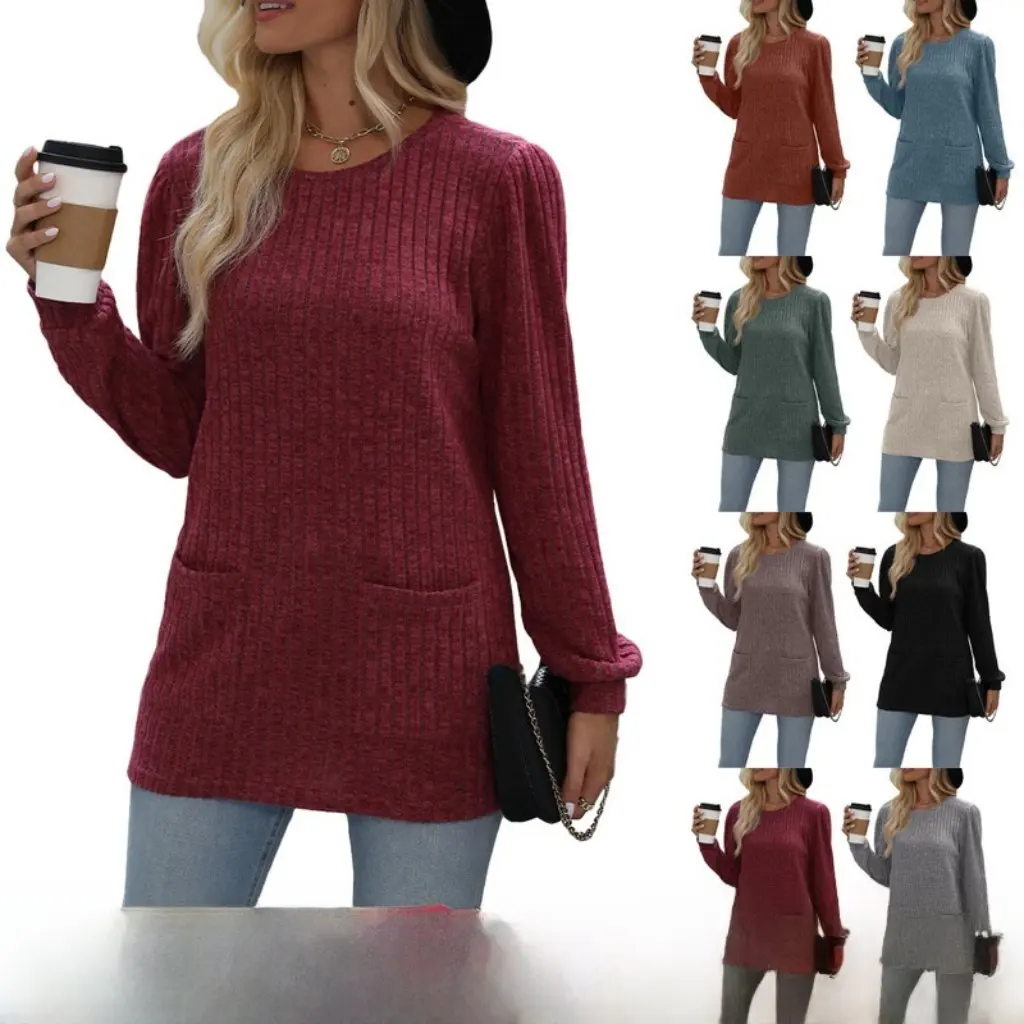 

Женская свободная повседневная футболка с пышными рукавами и карманами в европейском и американском стиле, осенне-зимний новый модный топ для женщин