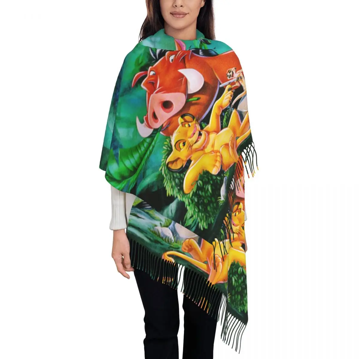

Custom Cartoon Lion King Simba Tassel Scarf Women Soft Shawls Wraps Female Winter Scarves