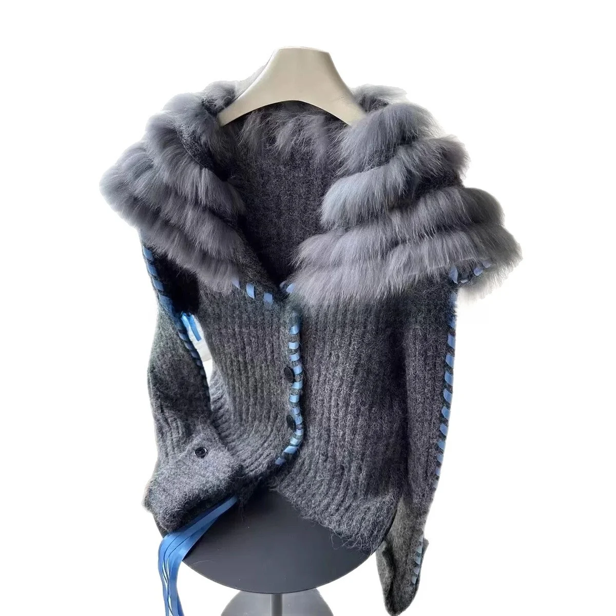 Cappotto maglione lavorato a maglia in pelliccia da donna Quattro colori Versatile colletto blu scuro Polsino rovesciato Manica lunga stile coreano