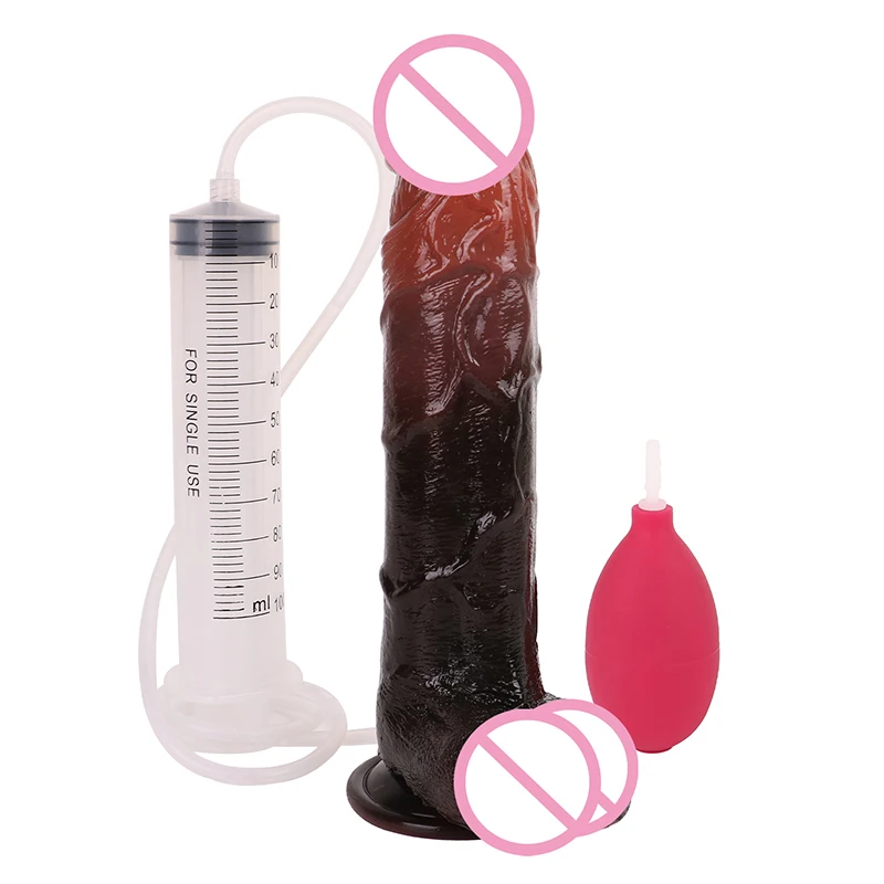 22.5*4.5cm SET Dark-Brown Straight Penis Veiny Large Squirting Dildo Silicone Big Dick Women Masturbator Adult Sex Toys Syringe