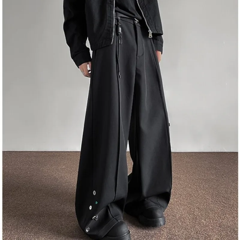 Fashion Black Casual Pants Men Buttons Design High Street Hip-hop Wide Leg Mopping Trousers All-match Casual Korean Style