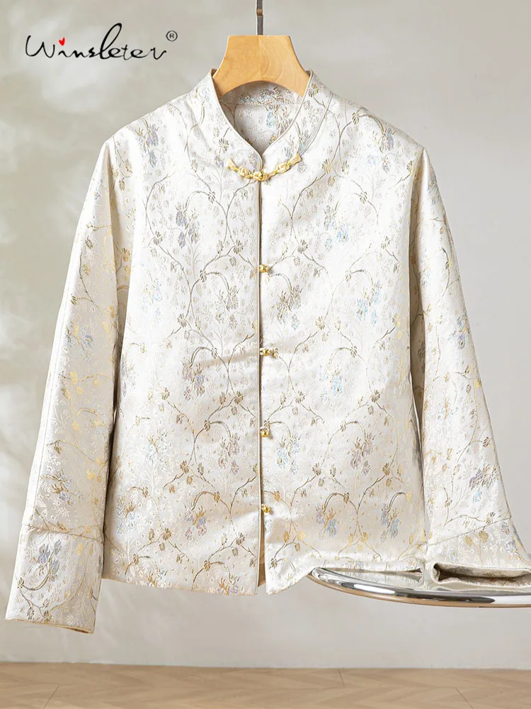 

Winsleter-100%Real Silk Song Brocade Elegant Coat, O Neck Floral, Women Temperament Chic Loose Down Jacket, 2025 Winter C5D635CC
