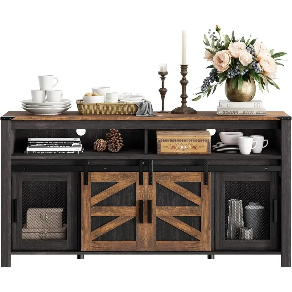 

Rustic Sliding Door Sideboard, 59 Antique Black & Brown Storage Cabinet for Coffee Bar, Dining, Living Rooms