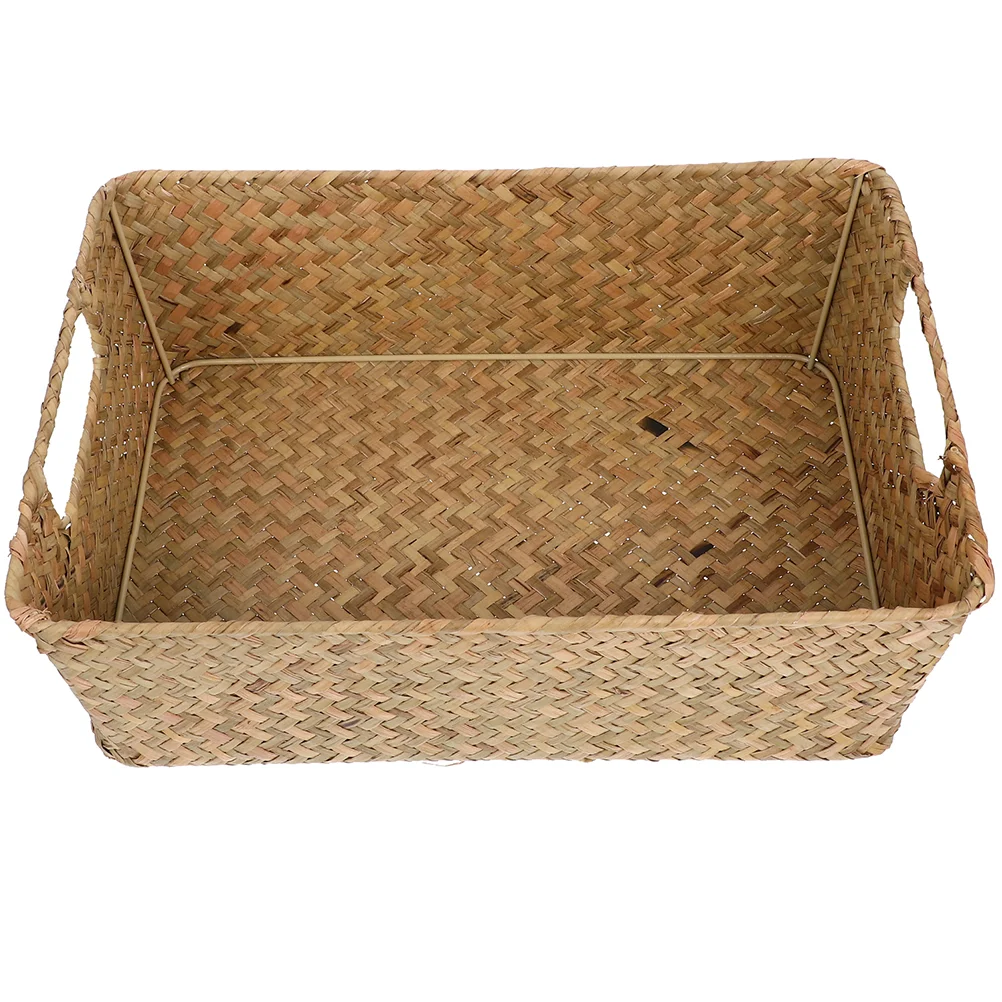 Hemoton Rattan Storage Basket Handle Rectangular Woven Fruit Baskets Wicker Bread Basket Snack Container Laundry Bin Basket