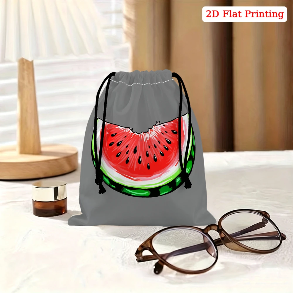 1pc Casual Drawstring Bag Gray Watermelon Slice Print Storage Small Pouch For Travel Gym Accessories Organizer Portable Lightwei