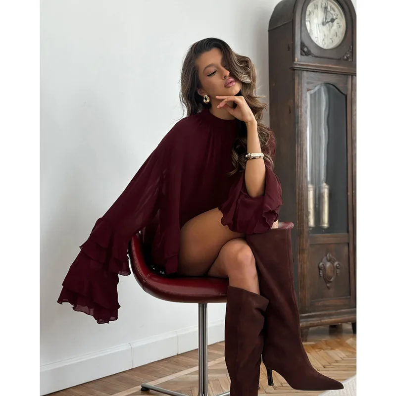 

Fashion Women See-Through Ruffled Long Sleeve Blouse Casual Vintage O-Neck Elastic Drawstring Top Chic Summer Versatile Shirts