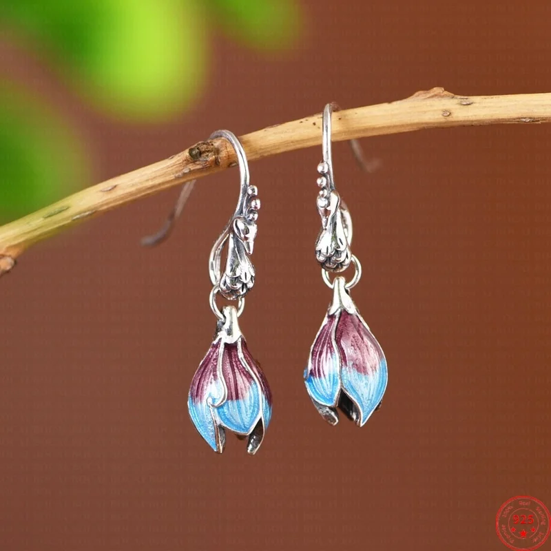 S925 Sterling Silver Charms Drop Earrings for Women Phoenix Hook Cloisonne Flowers Tassel Ear Drop New Fashion Classic Jewelry
