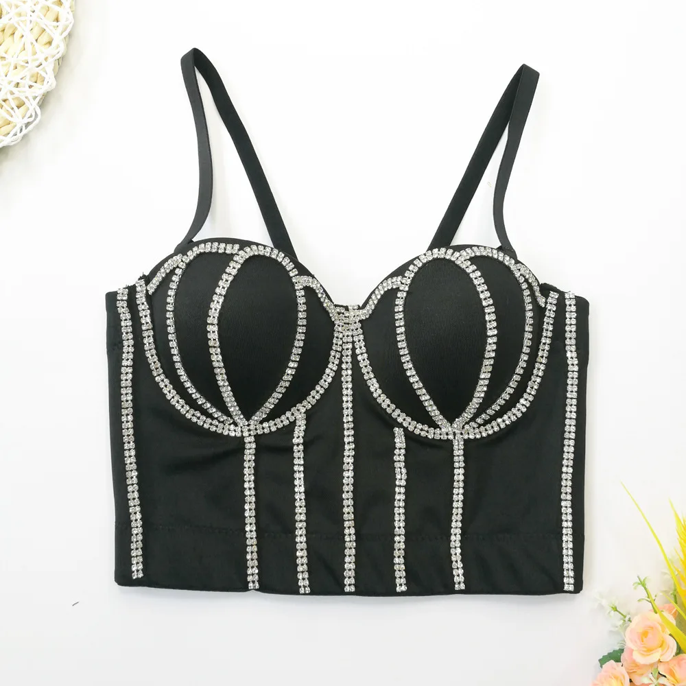 

Handmade Women Glitter Diamond Sexy Bustier Crop Top Nightclub Sexy Girls Corset Pearl Padded Bra Lady Beading Tank Tops Black