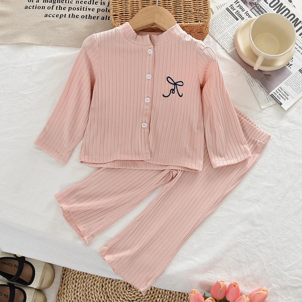 Spring and Autumn New Solid Color Kids Home Suit Bow Long Sleeved Cardigan Top + Pants Two-piece Set Pink Baby Girls Clothes