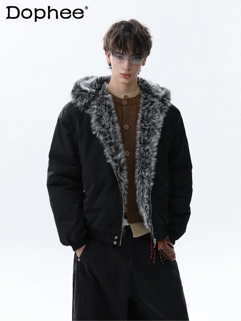 

American Retro Fur Collar Warm Hooded Cotton Jacket 2025 Winter Fashion Trend Commuting Thickened Warm Coat for Men