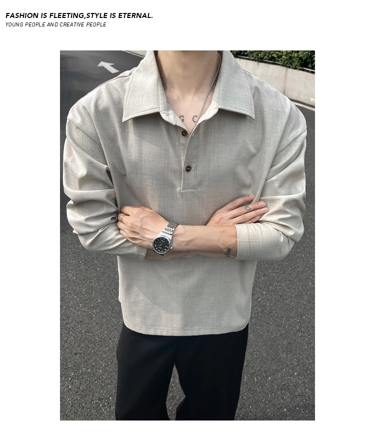Minimalistisches Streetwear-Langarm-Poloshirt für Herren mit Reverskragen, meliertem Slub-Muster und weichem Material für alltägliche Freizeitaktivitäten. – Detail 15