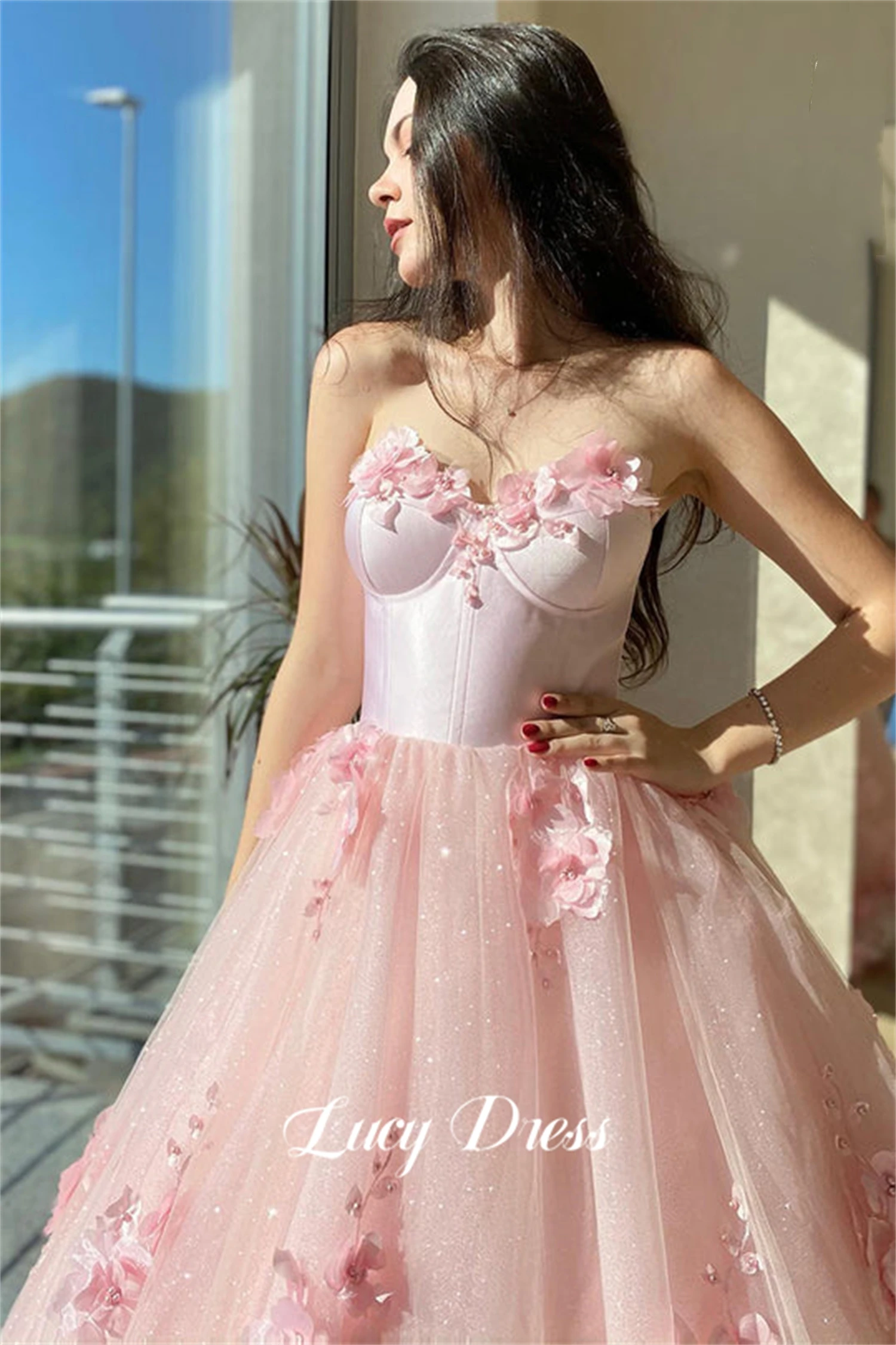 Lucy 3D Flower Decoration Coming of Age Dress Ball Gown Formal Occasion Fluffy Pink Gala Dresses Woman 2024 for Party Evening