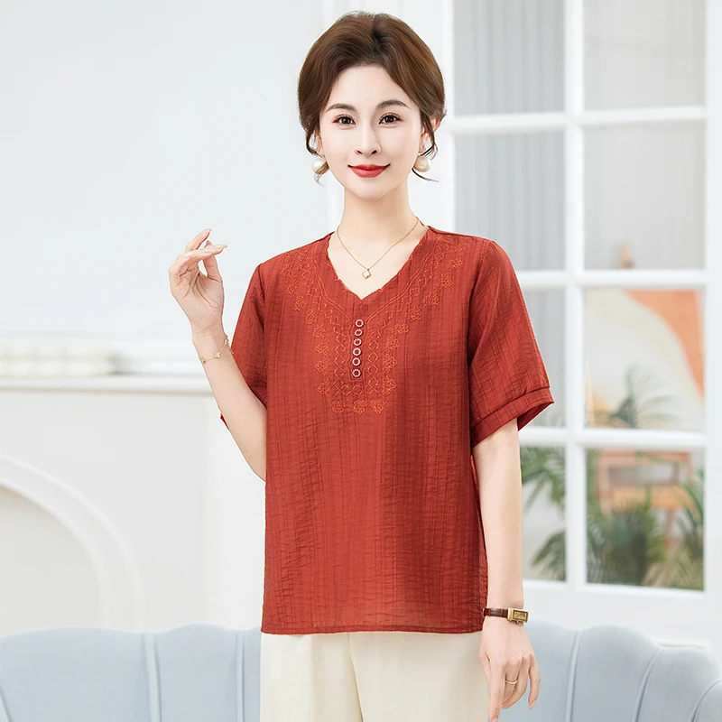 

Sli Mommy Clothes V-Ne ort Sve Loose Slimming Embroidered Anti-Aging Versatile Polyester Fiber Mid-aged Women's T-...