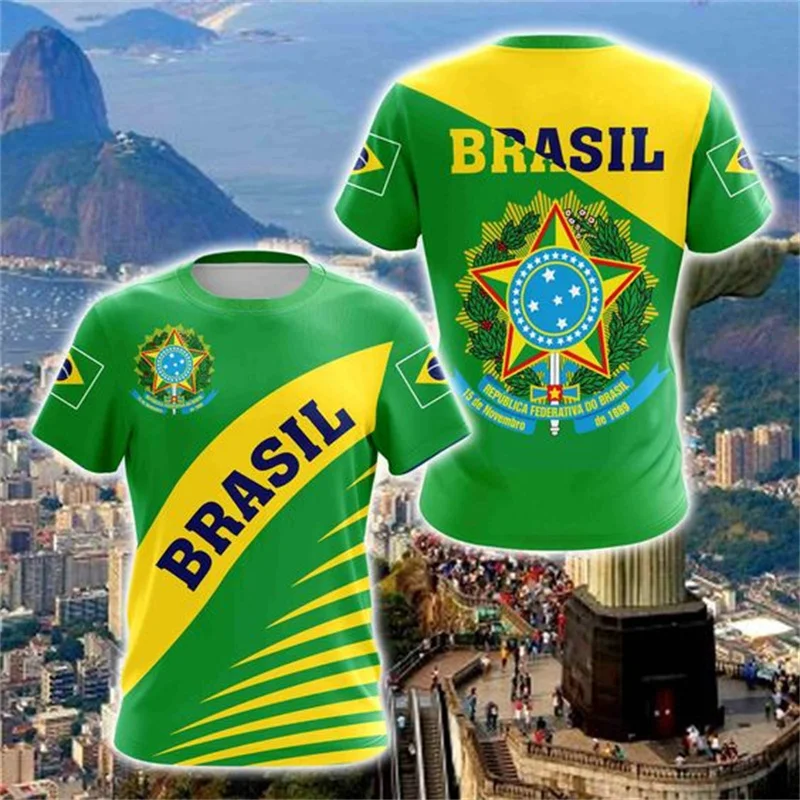 Brazilian Flag Printed T-shirt Men's Brazilian Football Style Top Summer Mens Football Training Shirt Quick Drying Men's T-shirt