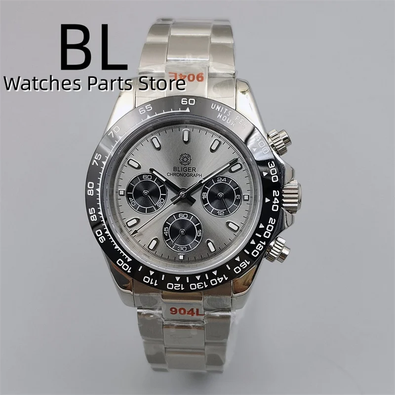 

BLIGER/Sterile Gray Dial Chronograph VK63 Quartz Men's Watch 39mm Sapphire Case Black Bezel Luminous Stanless Steel/Rubber Strap