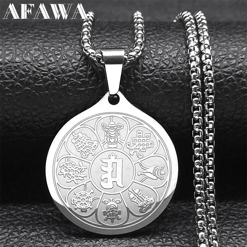 Eight Auspicious Treasures Six Character Mantra Lotus Medal Necklaces for Men Women Stainless Steel Eight-Treasure Lotus Jewelry