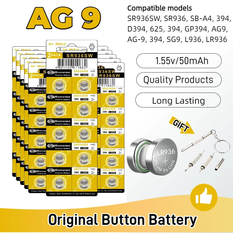 topAG9 SR936SW LR936 394 394A Высокоёмкая батарейка-таблетка 1.55В для часов, игрушек, пультов дистанционного управления, без ртура (0% ртура).
