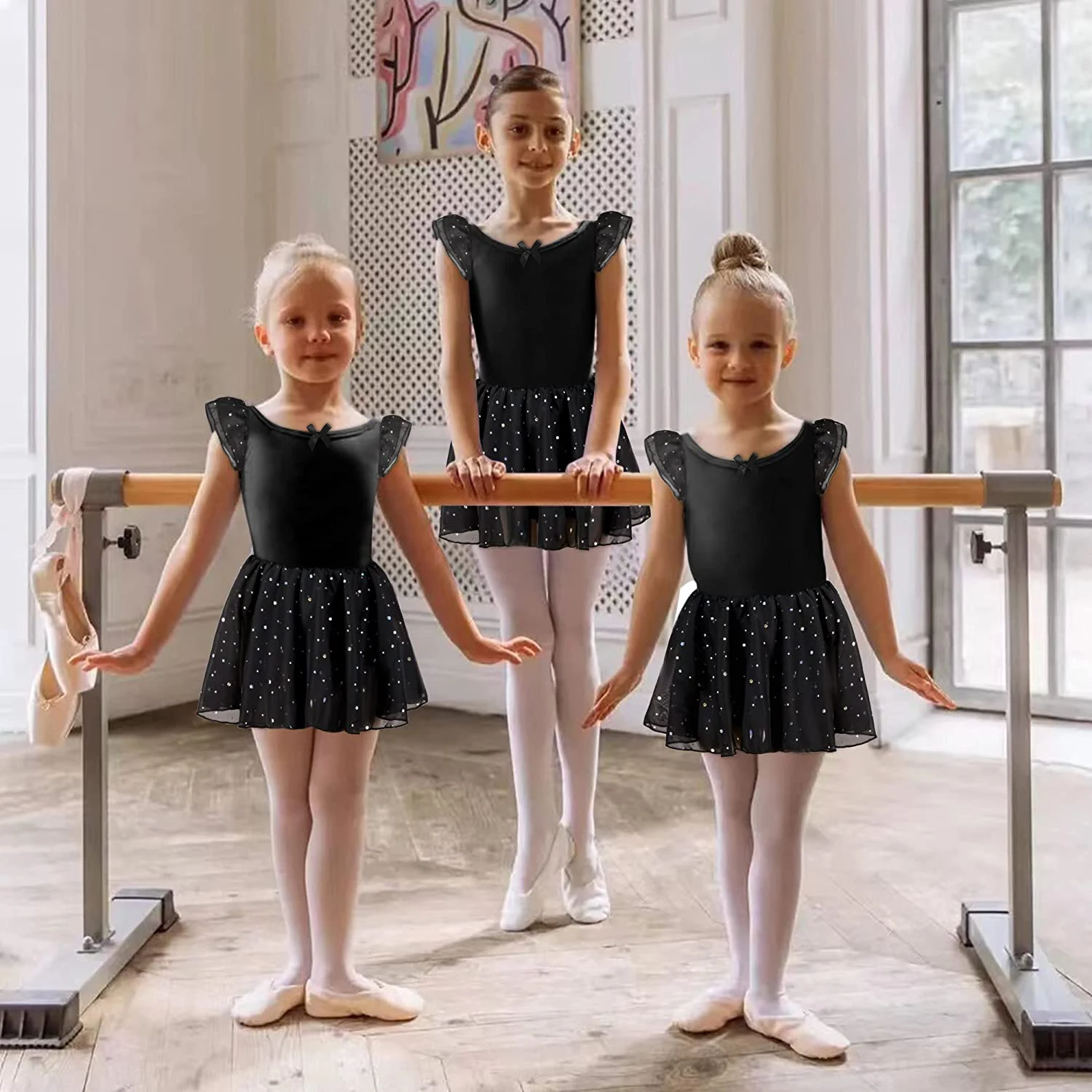 Justaucorps à paillettes pour filles, robe de danse de Ballet avec jupe Tutu, manches pétales