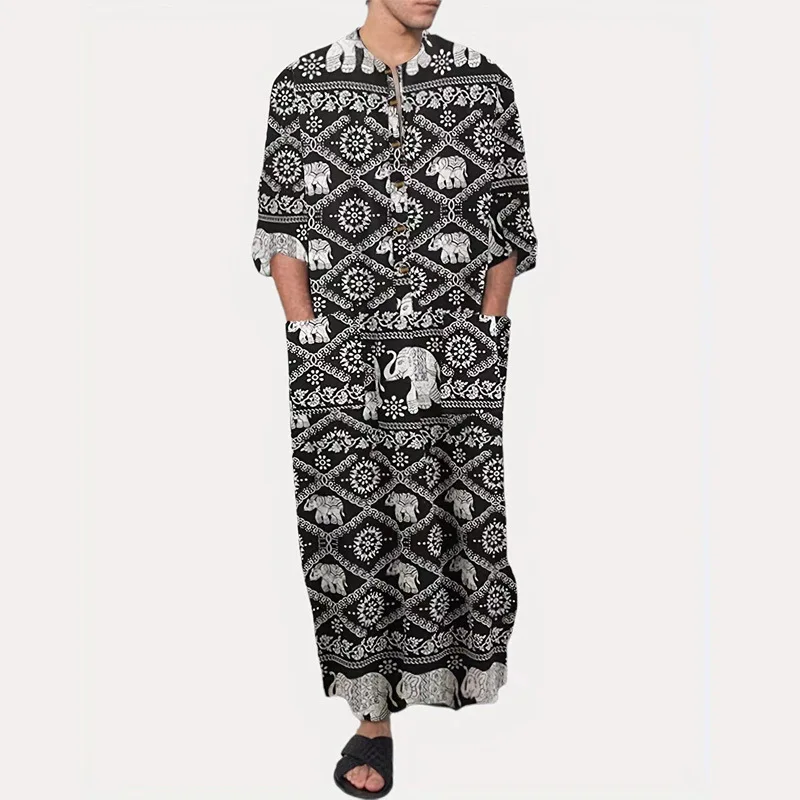 Stripe Printing Morocco Thobe Muslim with Pocket Men Solid Color Islamic Arab Design Daffah Dress Saudi Fashion Jubba Thobe