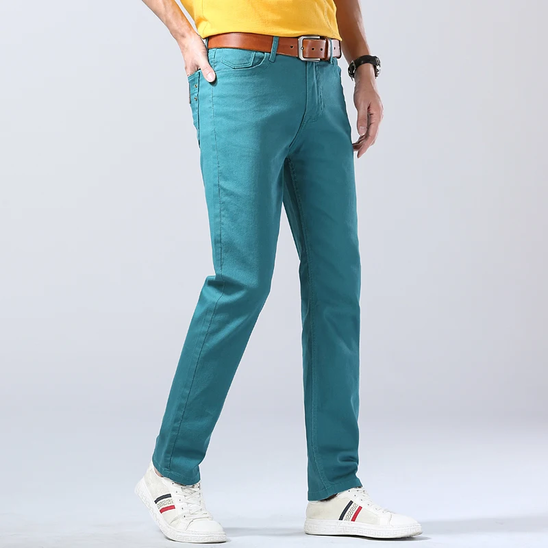 2023 Autumn New Men's Bright Stretch Fit Jeans Trendy Denim Straight-leg Trousers Male Red Lake Blue Yellow Trousers