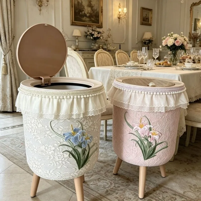Lace Trash Can High Foot Trash Bin with Lid Luxury Cute Large Capacity Wastebasket Living Room Bedroom Storage Garbage Bins