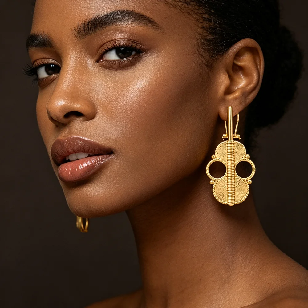 Damen-Ohrring- und Ringset mit dreifachem, spiralförmigem, offenen Design, 18 Karat vergoldet, afrikanischer Ethno-Stil, Statement-Schmuck, Party- und Hochzeitsgeschenk – Detail 4
