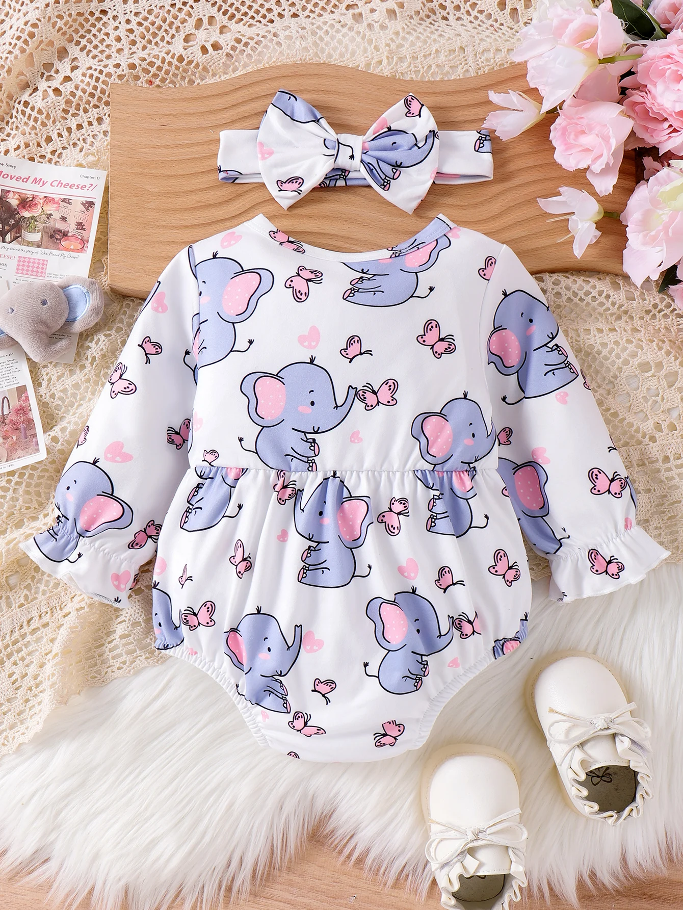 2PCS Autumn Girls Aged 0-1, Comfortable Round-Neck Elephant Butterfly Printed Long-Sleeved Suit + Hair Band