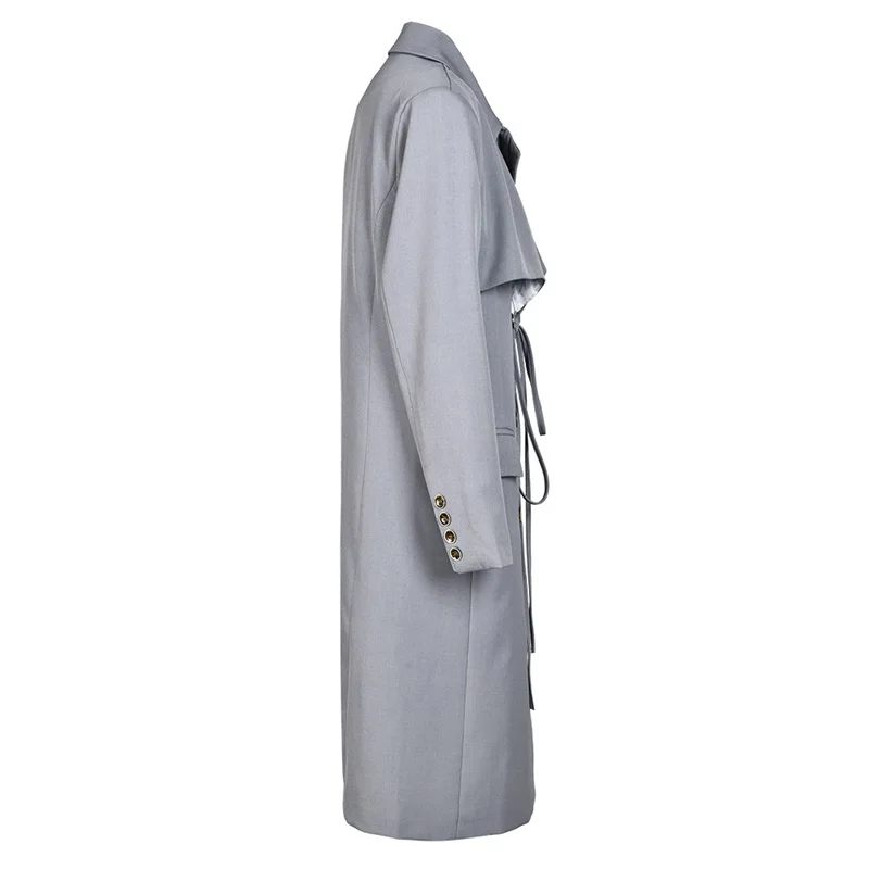 Trench Coat longo feminino com renda para cima, trespassado duplo, tops de lapela, cinza lindo, manga comprida, quebra-vento, outono, inverno, nova chegada, em estoque