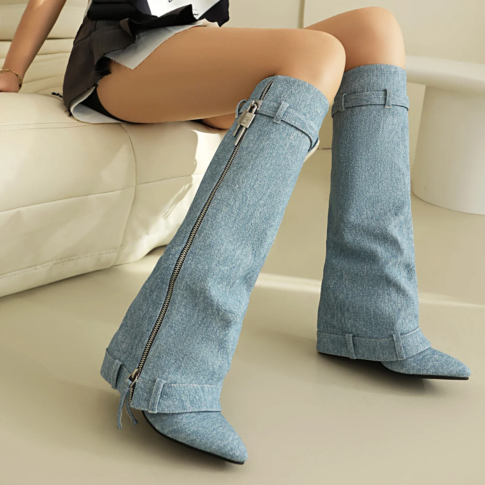 Winter Blue Denim Knee High Fold Boots Women Pointed Toe Stiletto Heel Punk Lock Party Club Lady Zipper Long Jeans Trouser Boots