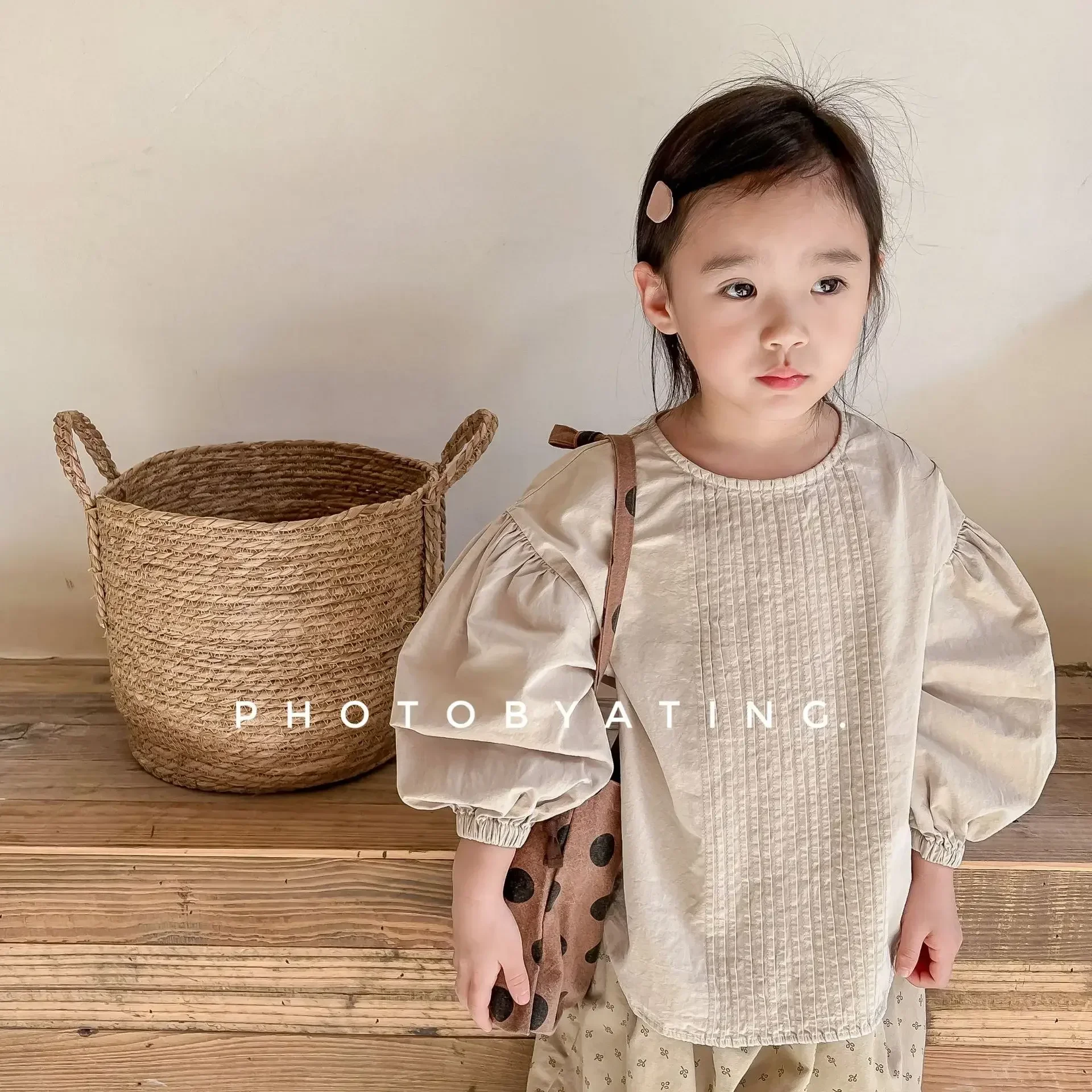 Girl Shirt Tops 2024 Spring Children Clothing New Girl Spring Clothing Korean Style Ramie Cotton Bubble Sleeve Shirt Girls Shirt