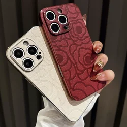 Korean Cute Camellia Faux Leather Phone Case For iPhone 16 15 14 13 12 11 Pro Max 16 15 Plus Soft Shockproof Protective Cover