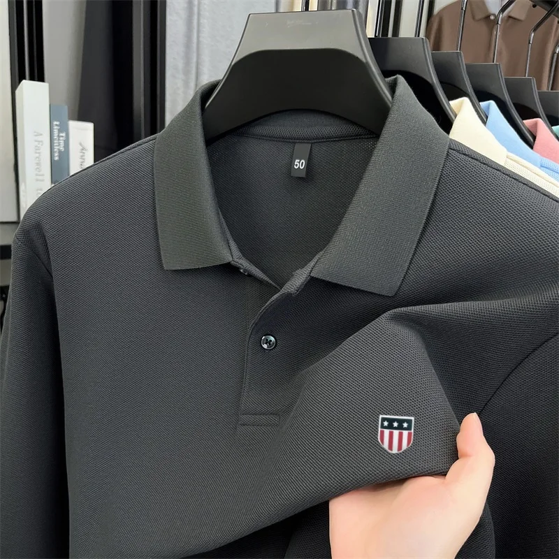 100% Cotton Autumn Men's Long-Sleeved Pullover Polo Shirt Lapel Button High Quality Stamp Fashion 21 Color Options New Mens Tops