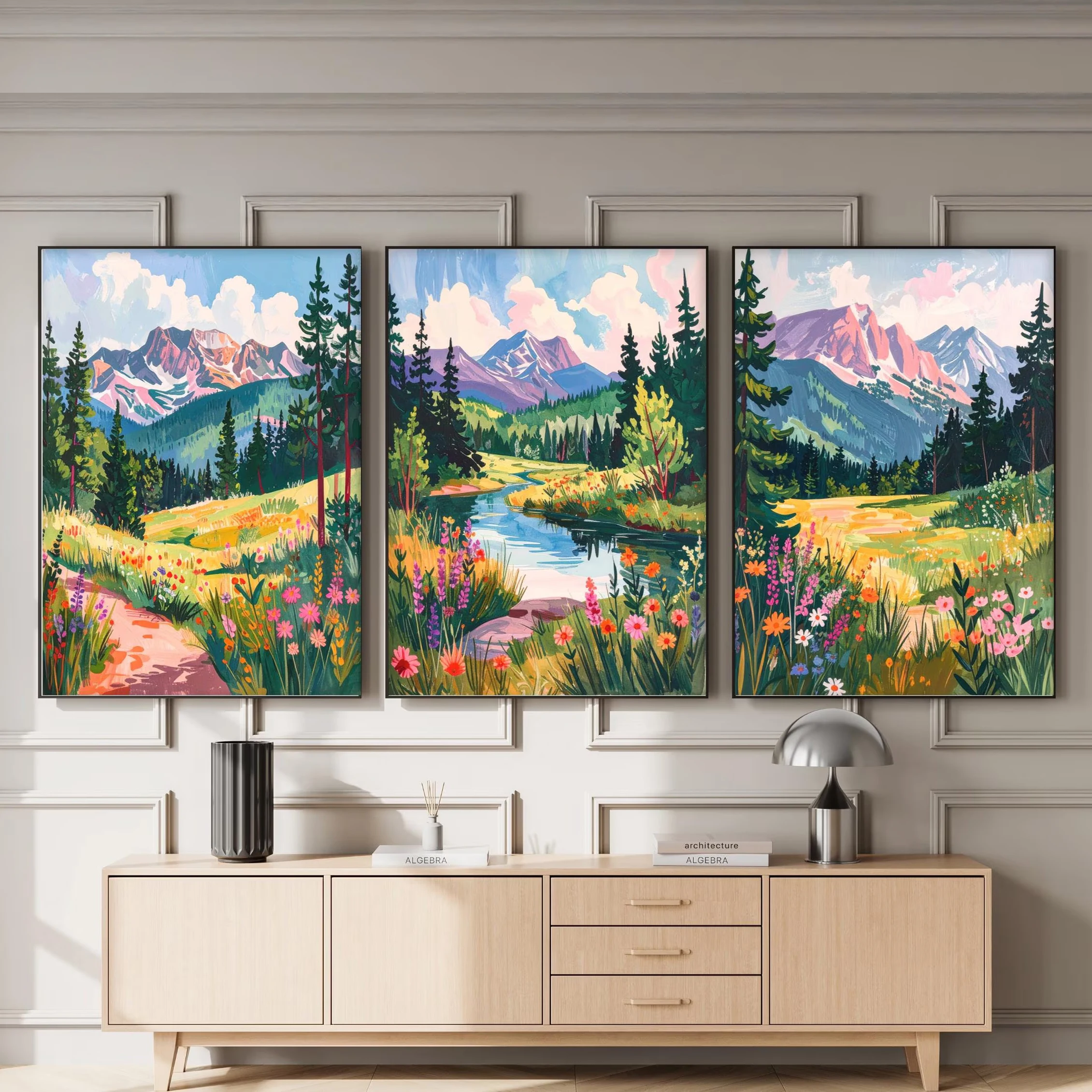 Farbenfrohe Berg- und Blumen-Kunstdrucke Ein Set aus drei Berglandschaftsgemälden Wiesen-Bergszenen-Poster Heimdekoration