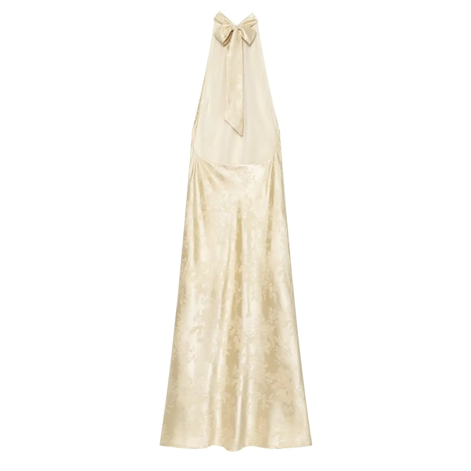 BSAY 2026 Elegant Women Floral Jacquard Halter Neck Maxi Dress Satin Backless Sleeveless Pleated Long Evening Party Slip Dress