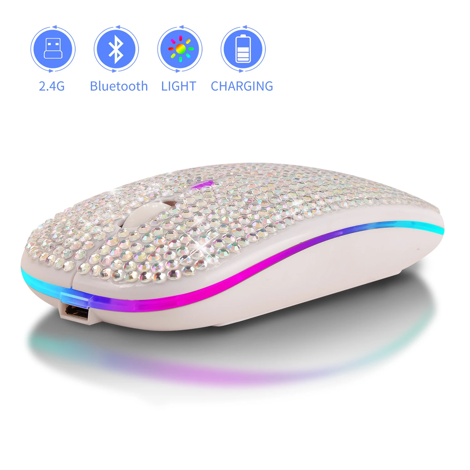 Wireless Bluetooth Mouse with Ancient Diamond Inlay Transparent Lightweight Ergonomic Dual-Mode Charging Mouse for Office Use