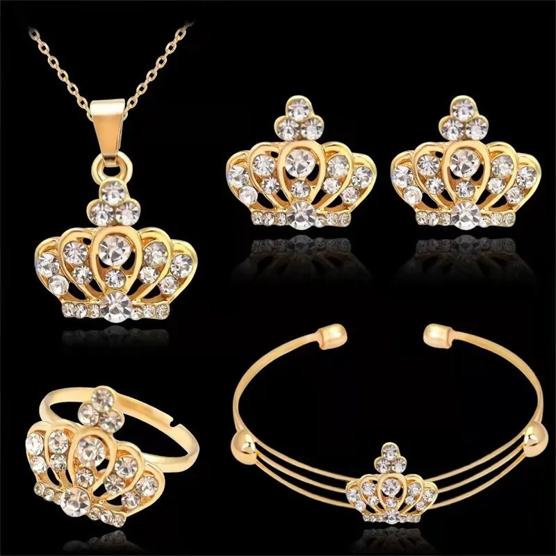 Trend Fashion Ladies Crown Jewelry Set Delicate Necklace Earrings Ring Bracelet Jewelry Anniversary Birthday Party Wedding Gift