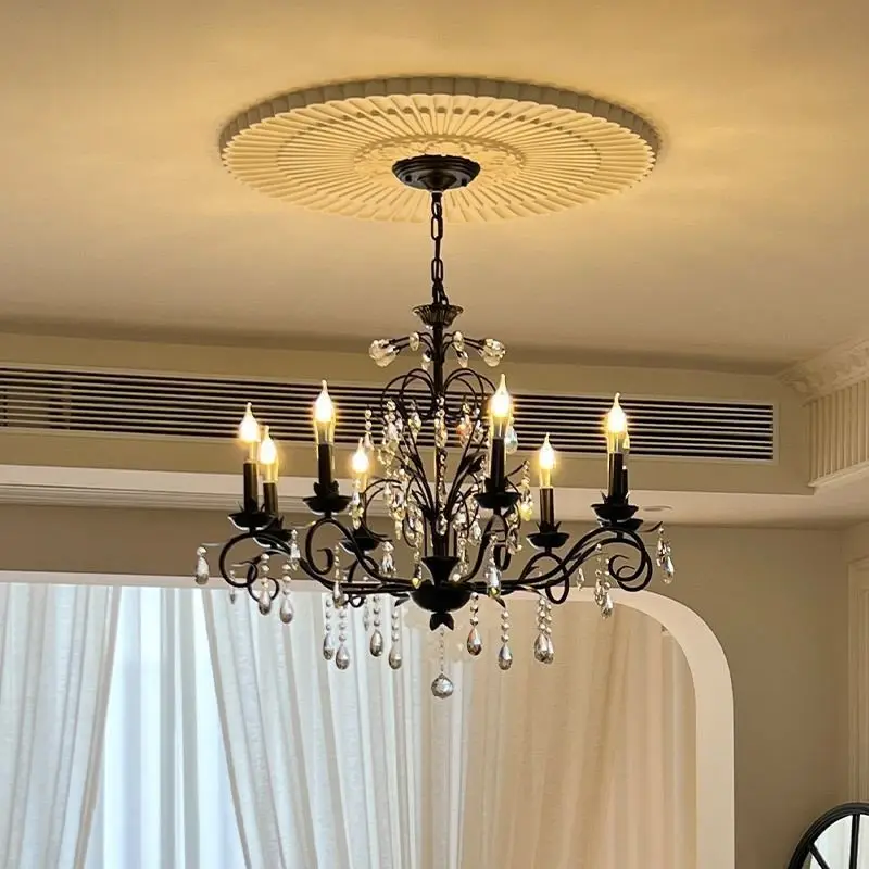 

Французская черная хрустальная люстра в американском стиле, простая ретро-люстра для гостиной, атмосферное украшение, высококачественный светильник для спальни.