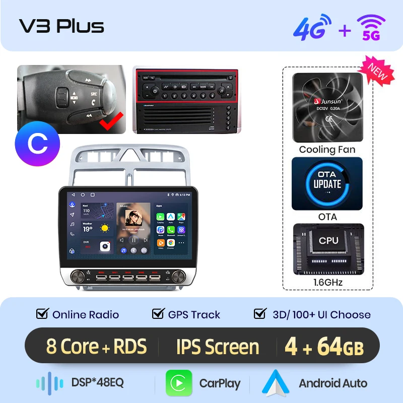 Junsun 10.1 "Draadloze Carplay AndroidAuto Autoradio voor Peugeot 307CC 307SW 2002-2013 radio met knoppen Bluetooth GPS 4G DSP