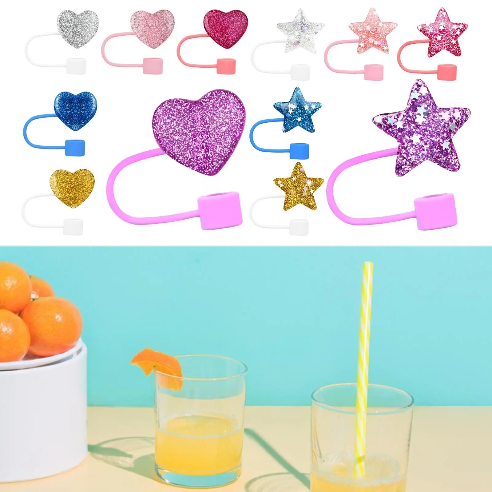 6x Straw Cover Caps Reusable Dustproof for 8mm Straw Glitter Water Cup Straw Covers Colorful for Women Girls Drinking Straw Caps