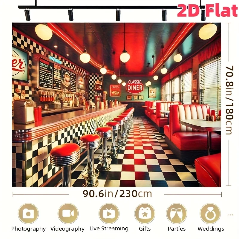 2D-Retro-Wandbild im amerikanischen Restaurant-Stil – Fotohintergrund aus Polyestergewebe im Stil der 1950er Jahre, mit kariertem Boden und Neonlichtern – Detail 1