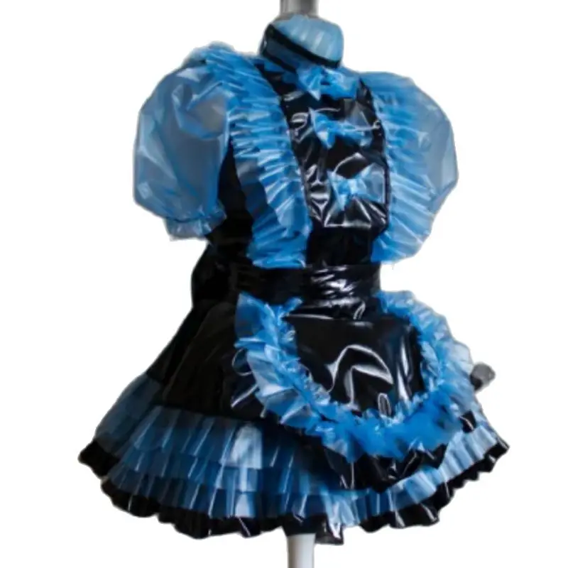 

New Hot Selling Blue Sissy PVC and Vinyl Apron Ruffle Dress Maid Role Play Custom