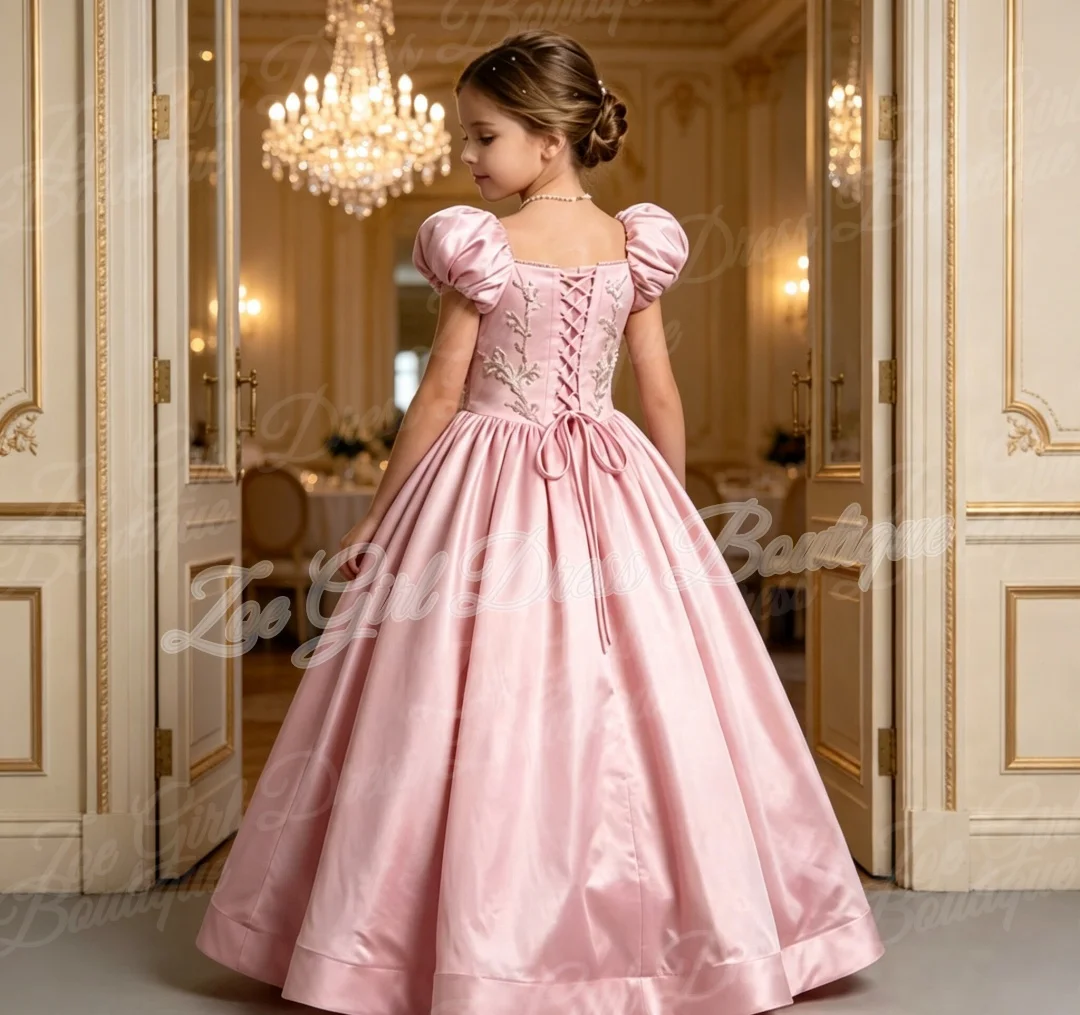 Pink Floral Embroidery Satin Puff Short Sleeve Princess Formal Ball Gown For Kids Criss Cross Voluminous Customized Gowns