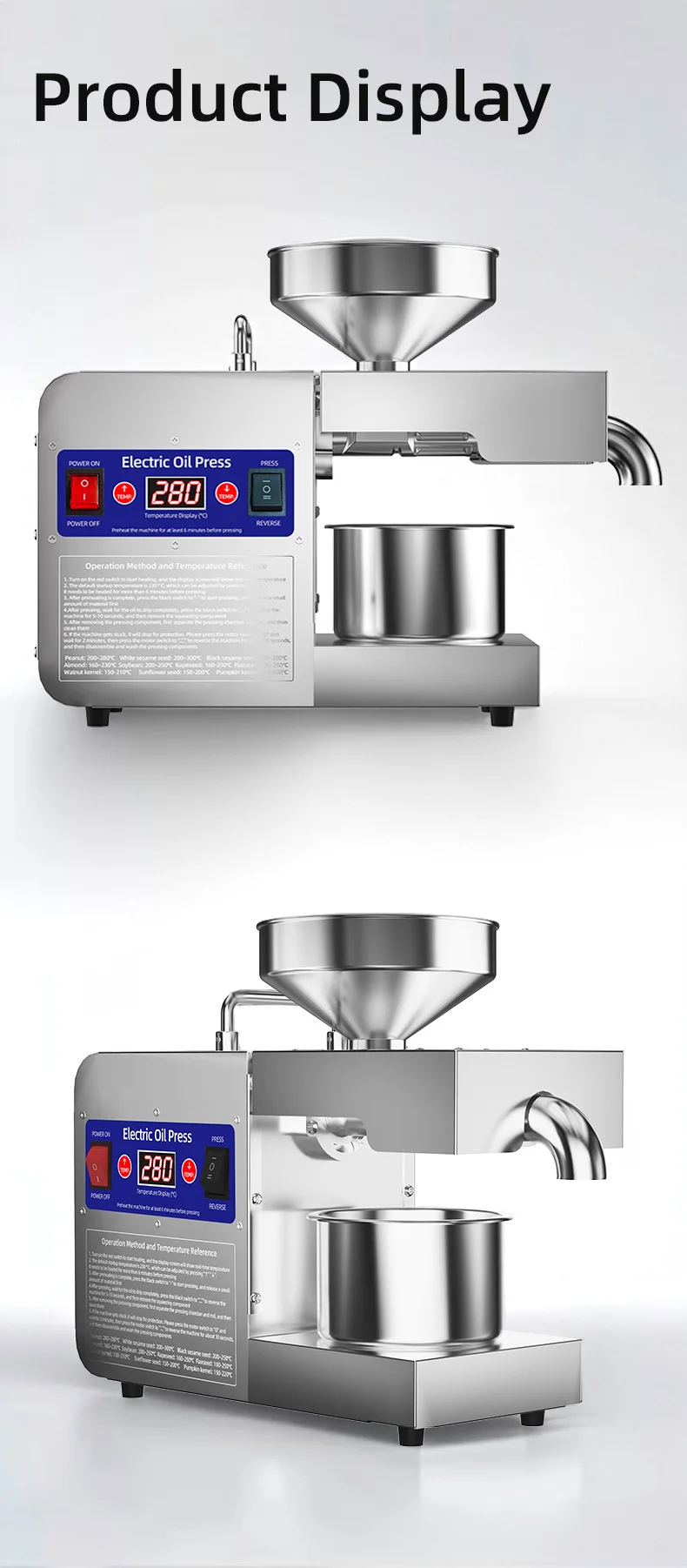 Upgraded Oil Press Machine with Smart Temperature Control, Stainless Steel Home Oil Extractor for Peanut Sesame, Small Commercia
