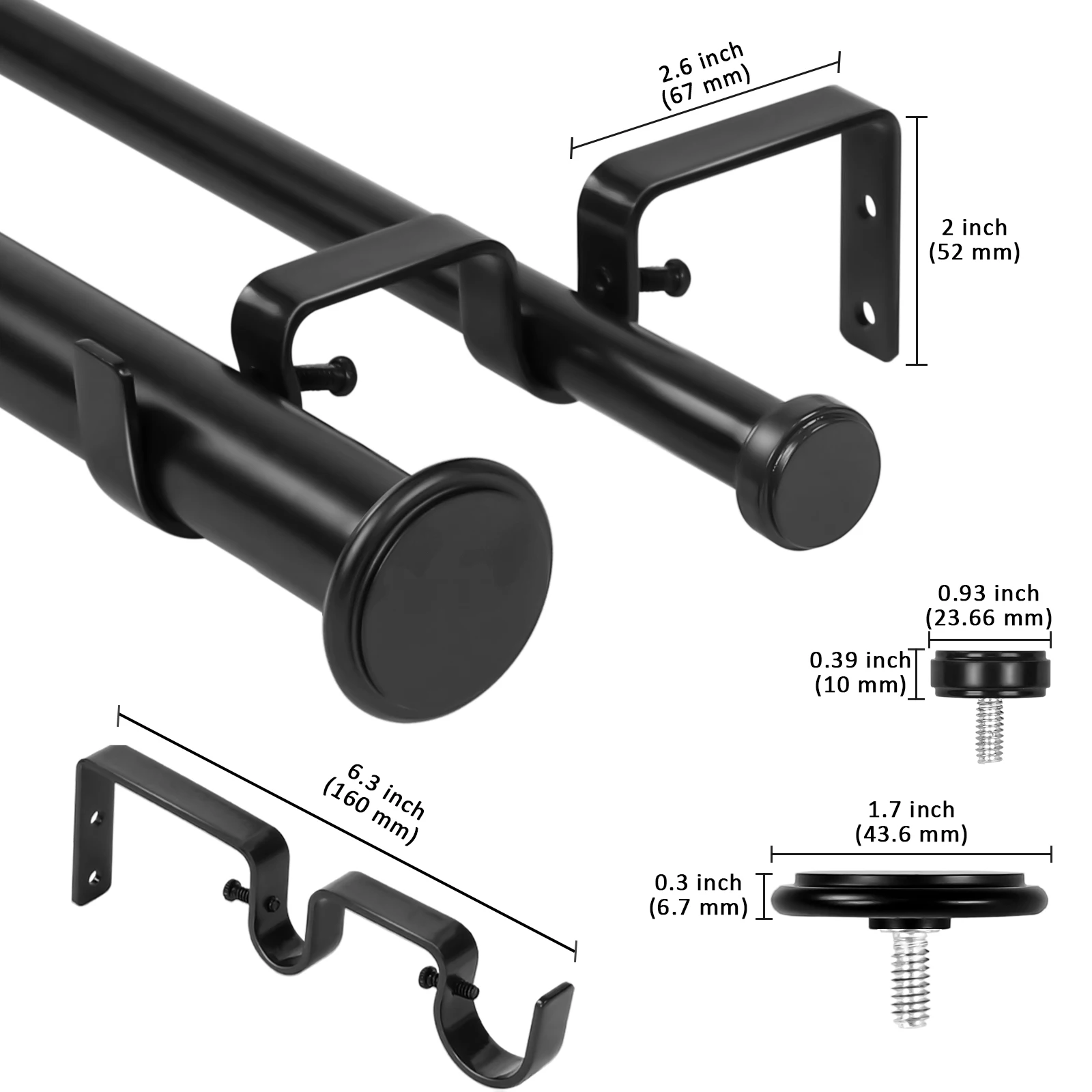 قضيب ستارة ذات ستائر مزدوجة قابل للتعديل مقاس 1 بوصة من Bouton Manhattan Finials - 1 بوصة أمامي و5/8 بوصة خلفي، 28 بوصة - 48 بوصة - 84 بوصة - 120 بوصة