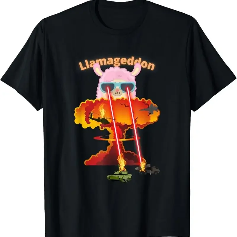 

Llamageddon Laser Eyes Nuclear Explosion Llama Graphic Tee Short Sleeve Round Neck T-Shirt Men