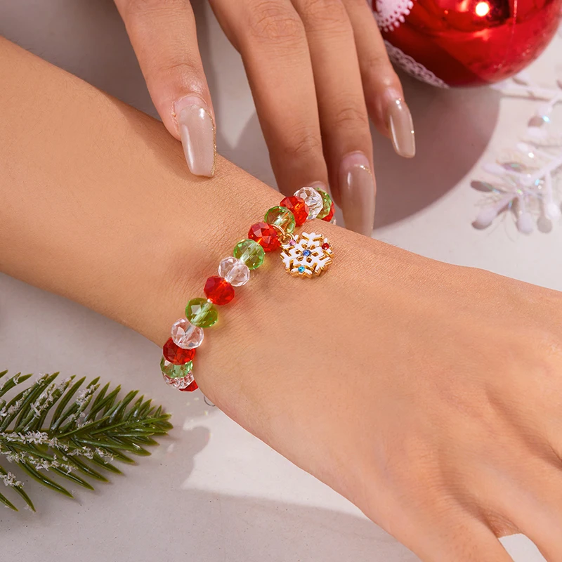 Bonita pulsera navideña con cuentas de cristal para mujer, Papá Noel, árbol de Navidad, colgante de copo de nieve, brazalete de cuentas, joyería para fiesta de Año Nuevo