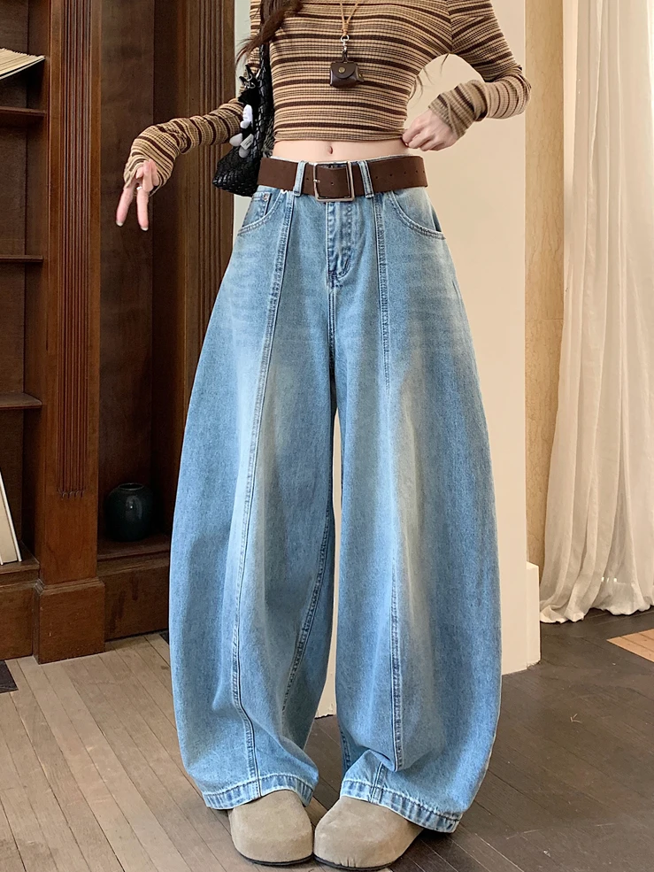 

Retro American Blue Washed Jeans Women Loose Wide Leg Pants High Waist Casual Cotton Blend Spring Fashion Ladies Jeans