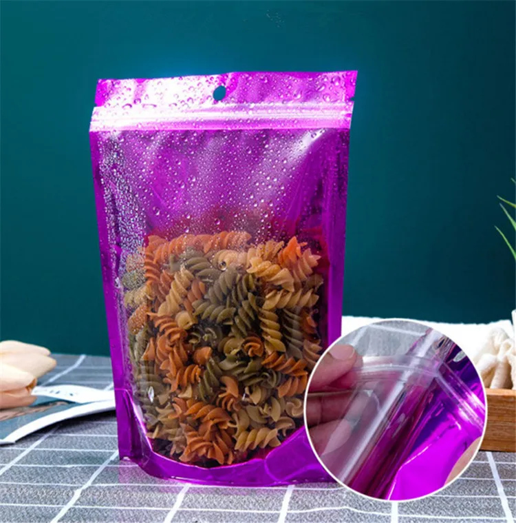 100pcs Stand Up Clear Front Purple Ziplock Packaging Bag Resealable Snack Candy Coffee Spice Corn Sugar Storage Hanging Pouches